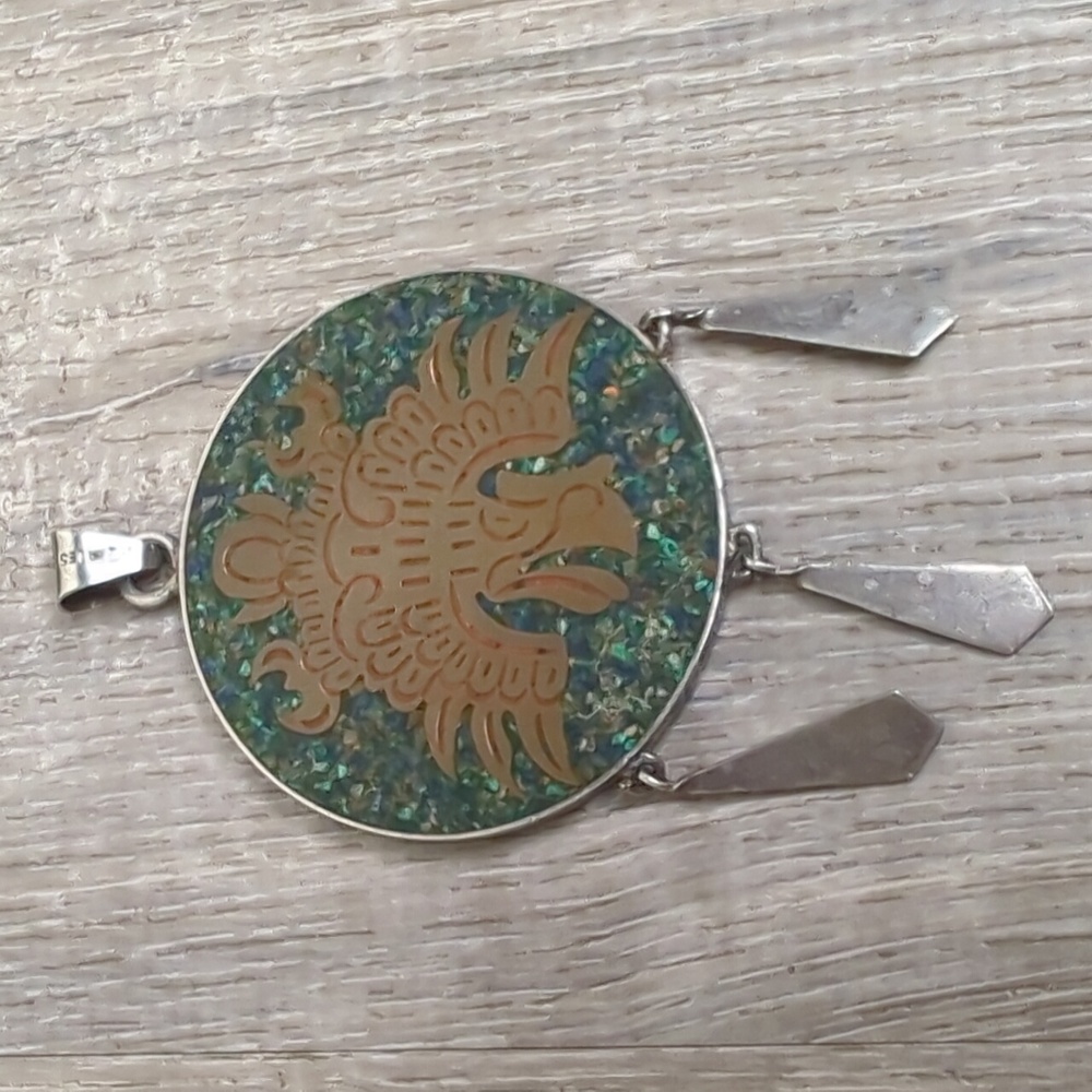 Vintage TAXCO Mexico Sterling Silver   Chip Inlay Eagle Double Sided Pendant